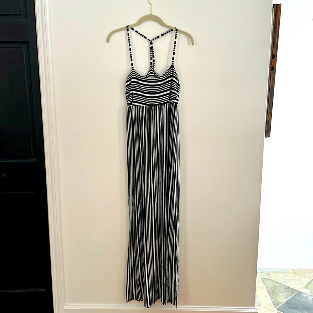 Striped Black and White Maxi Dress with slits to the knee on both sides.